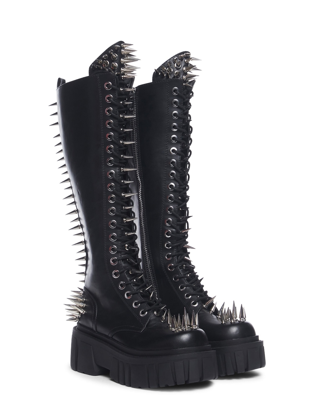 Rare Dolls Kill Widow Punk Goth The Problem Child Black Silver Spiked Knee Boots - Picture 15 of 15